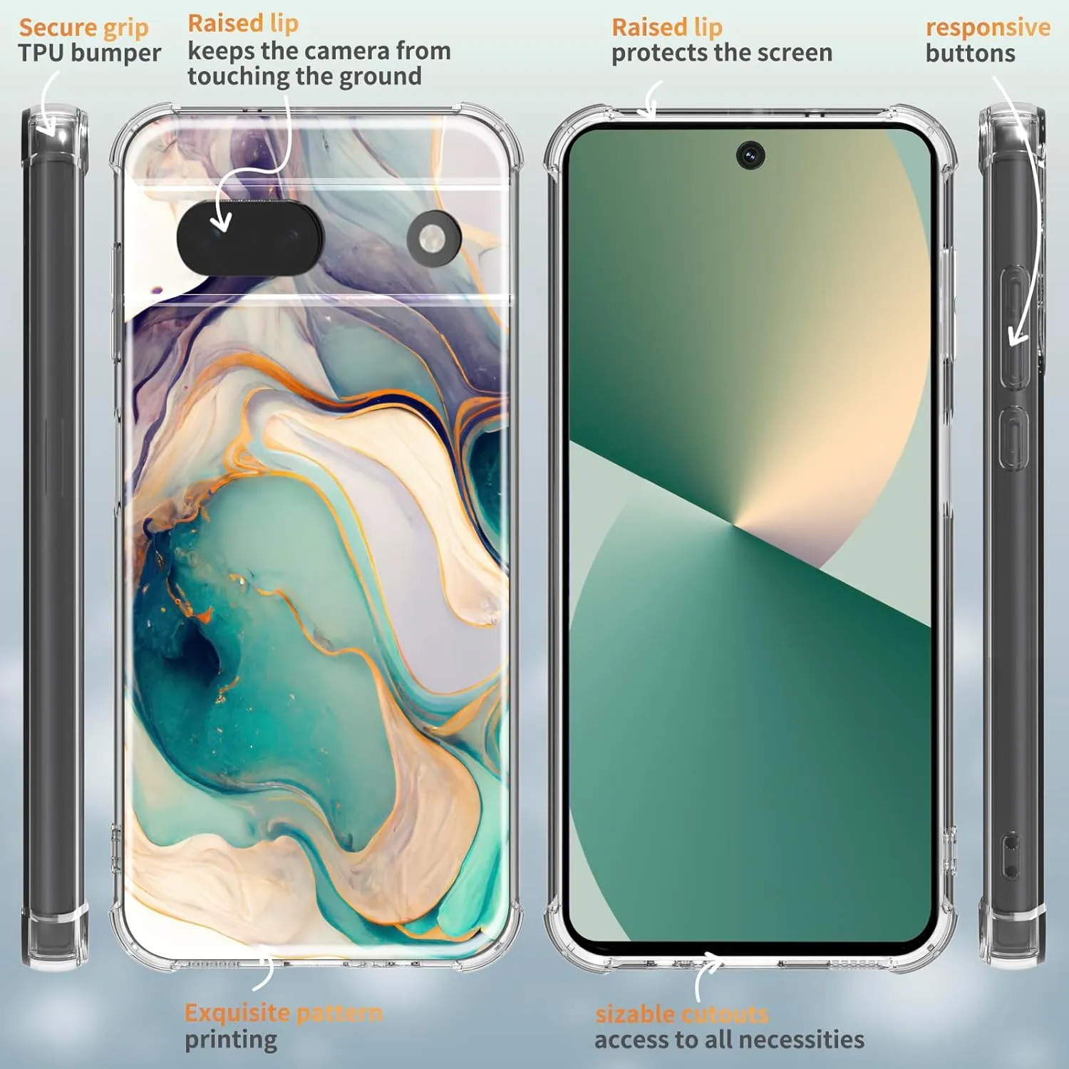 for Google Pixel 8A Case Camera Lens Protector, [Marble Slim] [Anti-Drop Shockproof Protective] Soft TPU Women Stylish Pixel 8A Phone Covers 2024 6.1 Inch (Alpine Lake with Holders)
