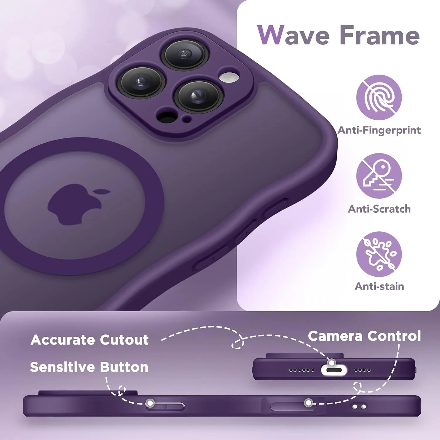 for iPhone 16 Pro Case for Women Girls, Upgraded [Full Camera Protection] [Compatible with MagSafe] Cute Wave Translucent Matte Phone Case for iPhone 16 Pro, Deep Purple