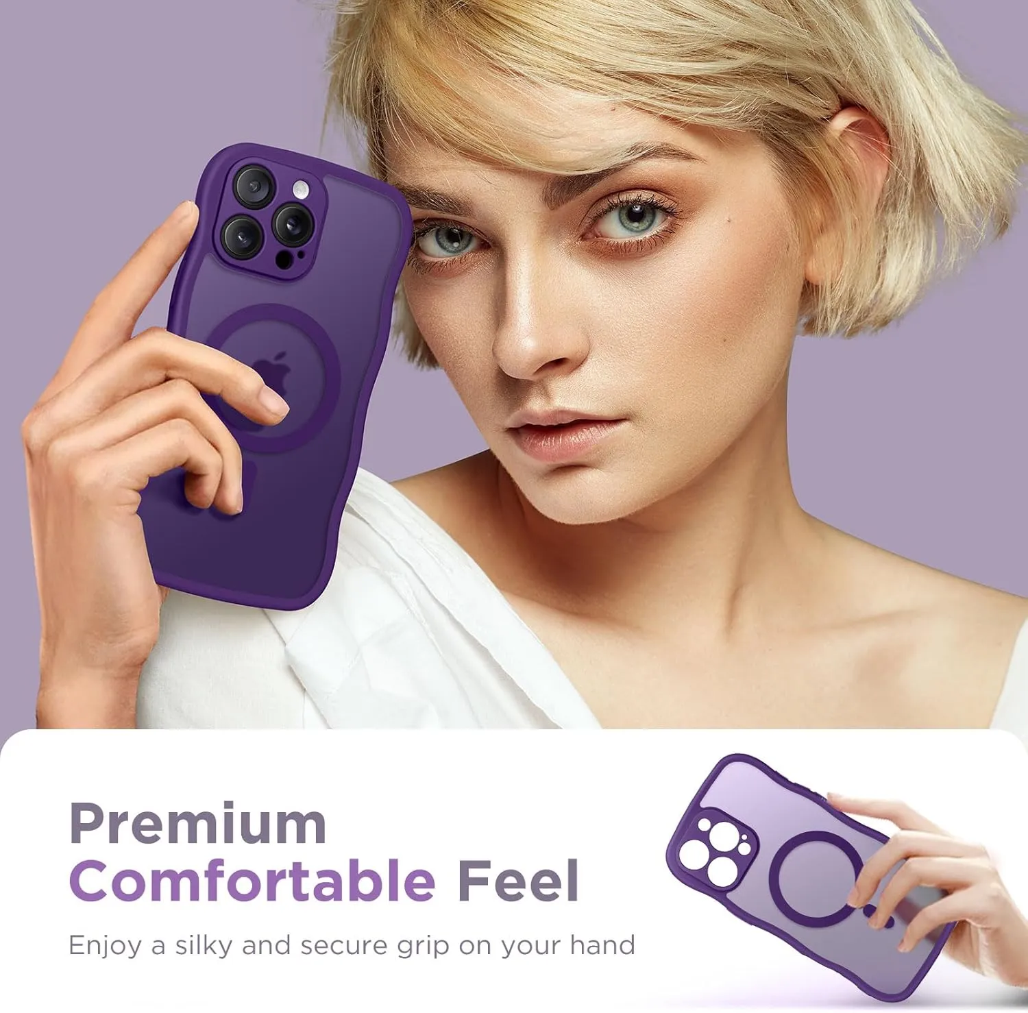 for iPhone 16 Pro Case for Women Girls, Upgraded [Full Camera Protection] [Compatible with MagSafe] Cute Wave Translucent Matte Phone Case for iPhone 16 Pro, Deep Purple