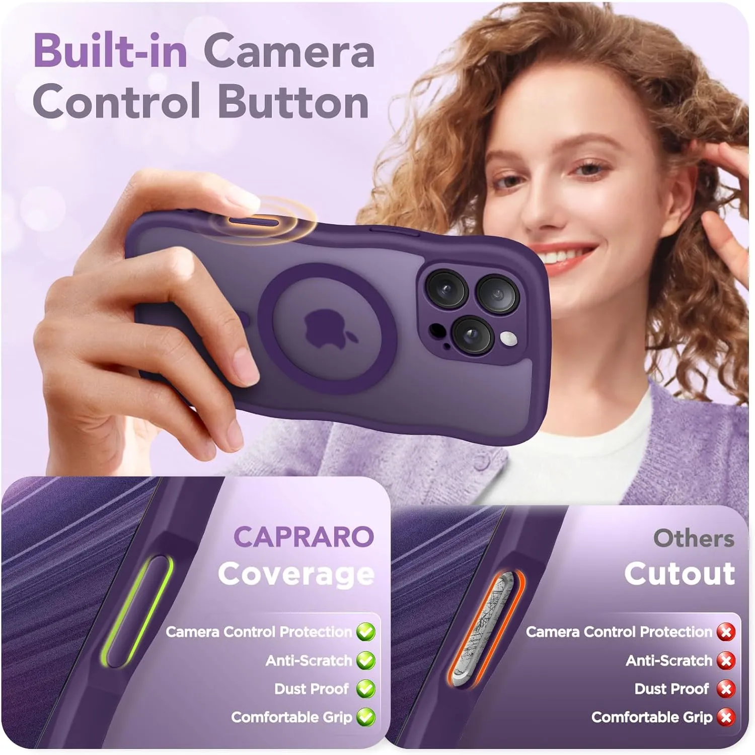 for iPhone 16 Pro Case for Women Girls, Upgraded [Full Camera Protection] [Compatible with MagSafe] Cute Wave Translucent Matte Phone Case for iPhone 16 Pro, Deep Purple