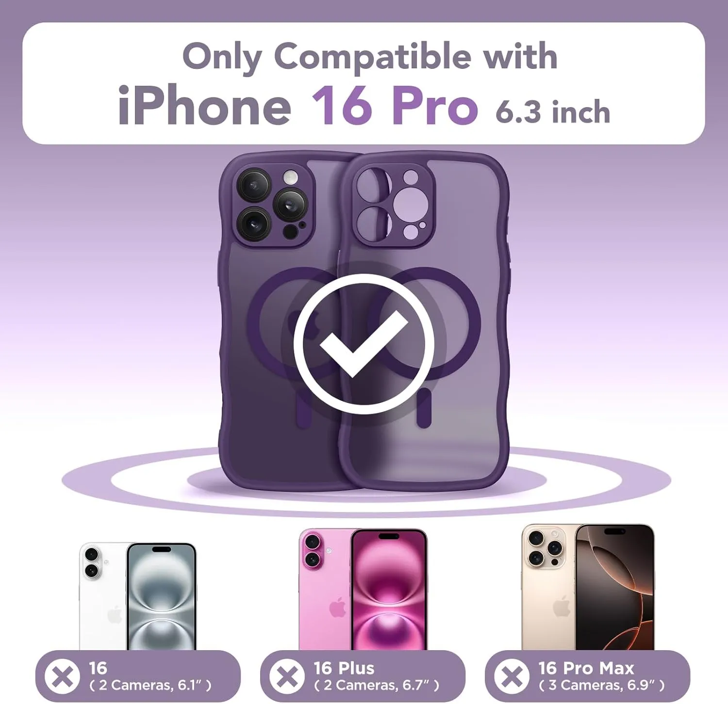 for iPhone 16 Pro Case for Women Girls, Upgraded [Full Camera Protection] [Compatible with MagSafe] Cute Wave Translucent Matte Phone Case for iPhone 16 Pro, Deep Purple