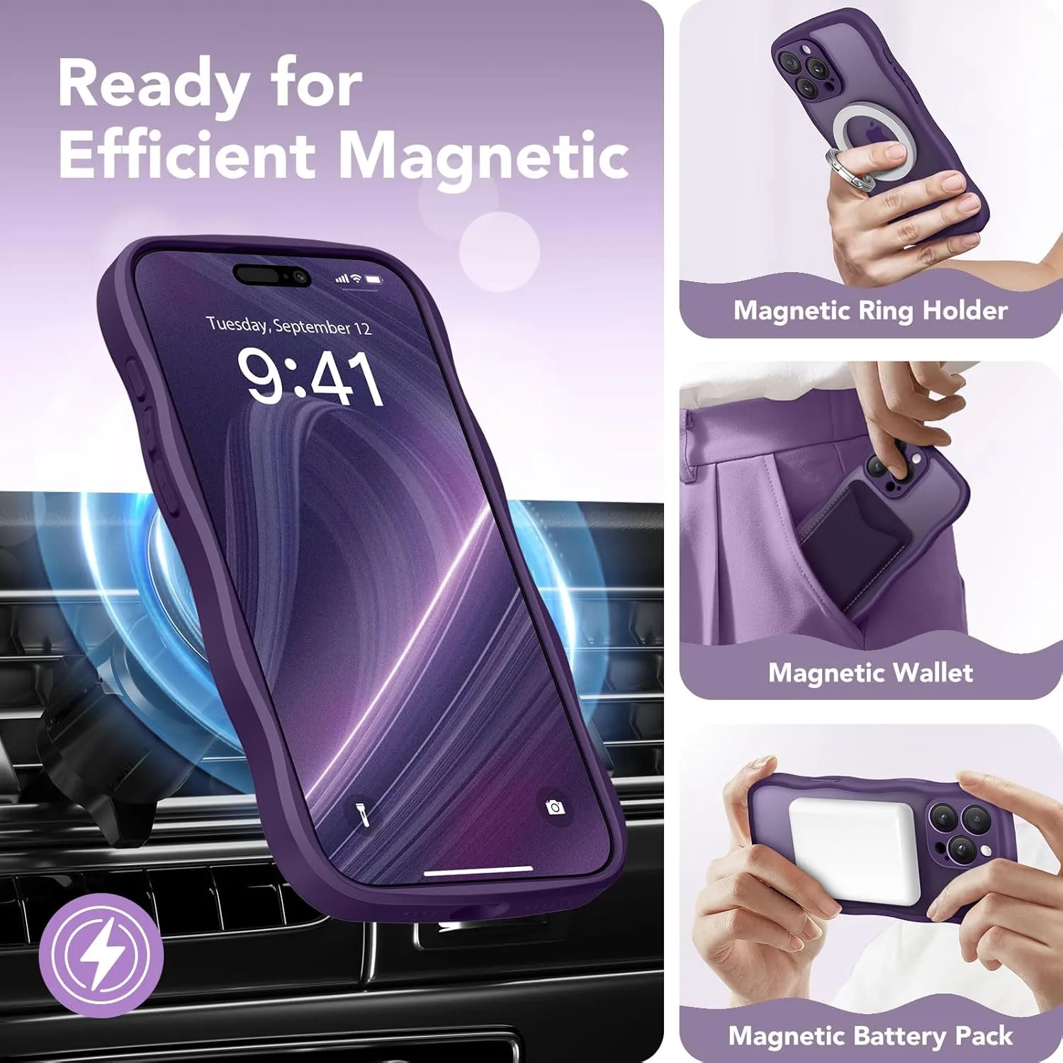 for iPhone 16 Pro Case for Women Girls, Upgraded [Full Camera Protection] [Compatible with MagSafe] Cute Wave Translucent Matte Phone Case for iPhone 16 Pro, Deep Purple