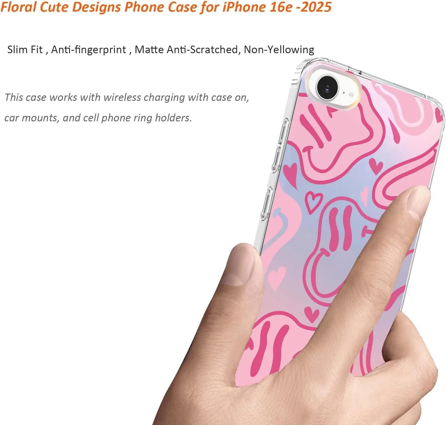 for iPhone 16e Case 2025, Slim Clear Matte Cute Flowers Floral Design for Girls Women Rugged TPU Bumper Shockproof Silicone Cell Phone Cover (Fun Smile)