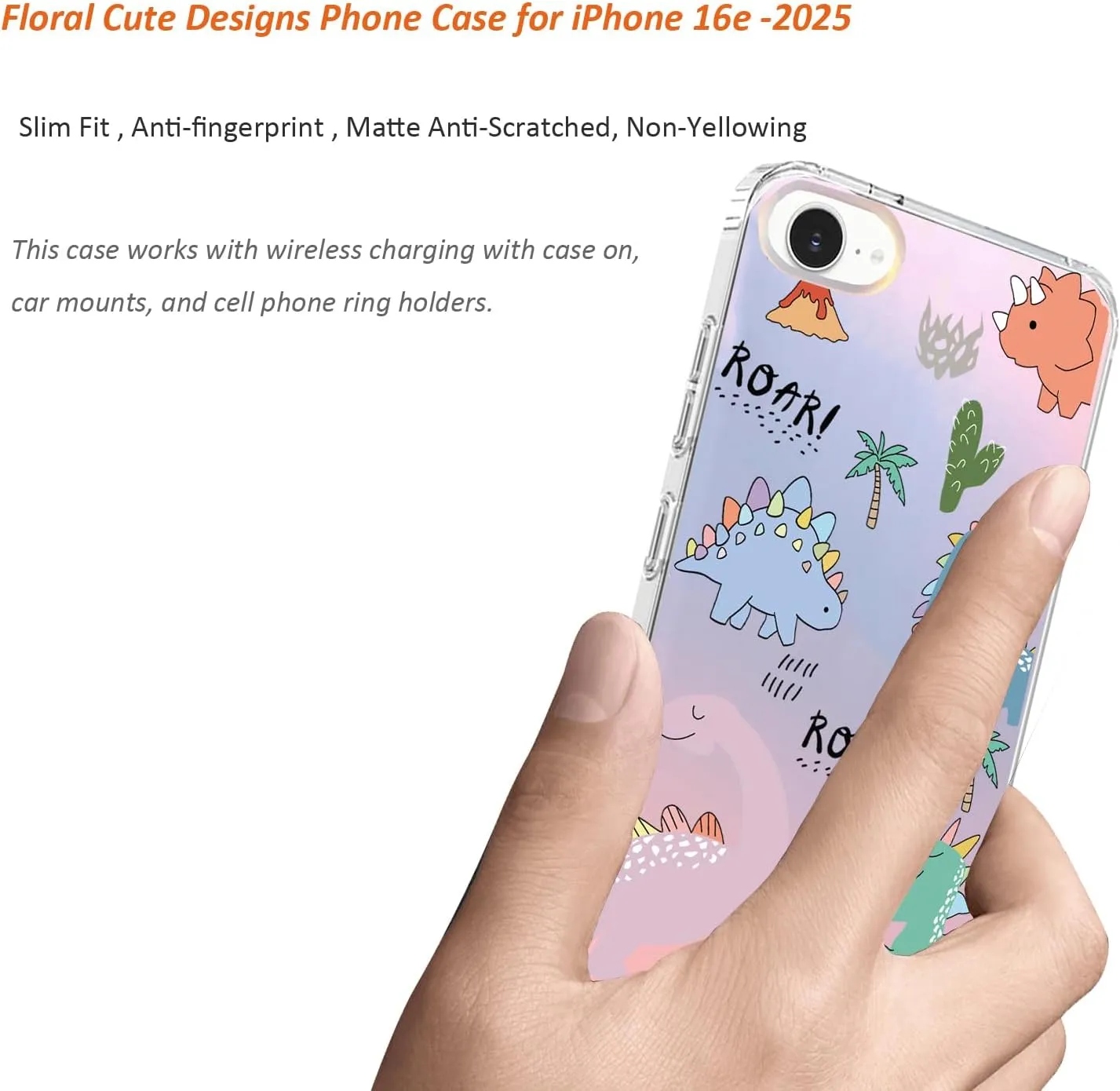 for iPhone 16e Case 2025, Slim Clear Matte Cute Flowers Floral Design for Girls Women Rugged TPU Bumper Shockproof Silicone Cell Phone Cover (Funny Dino)