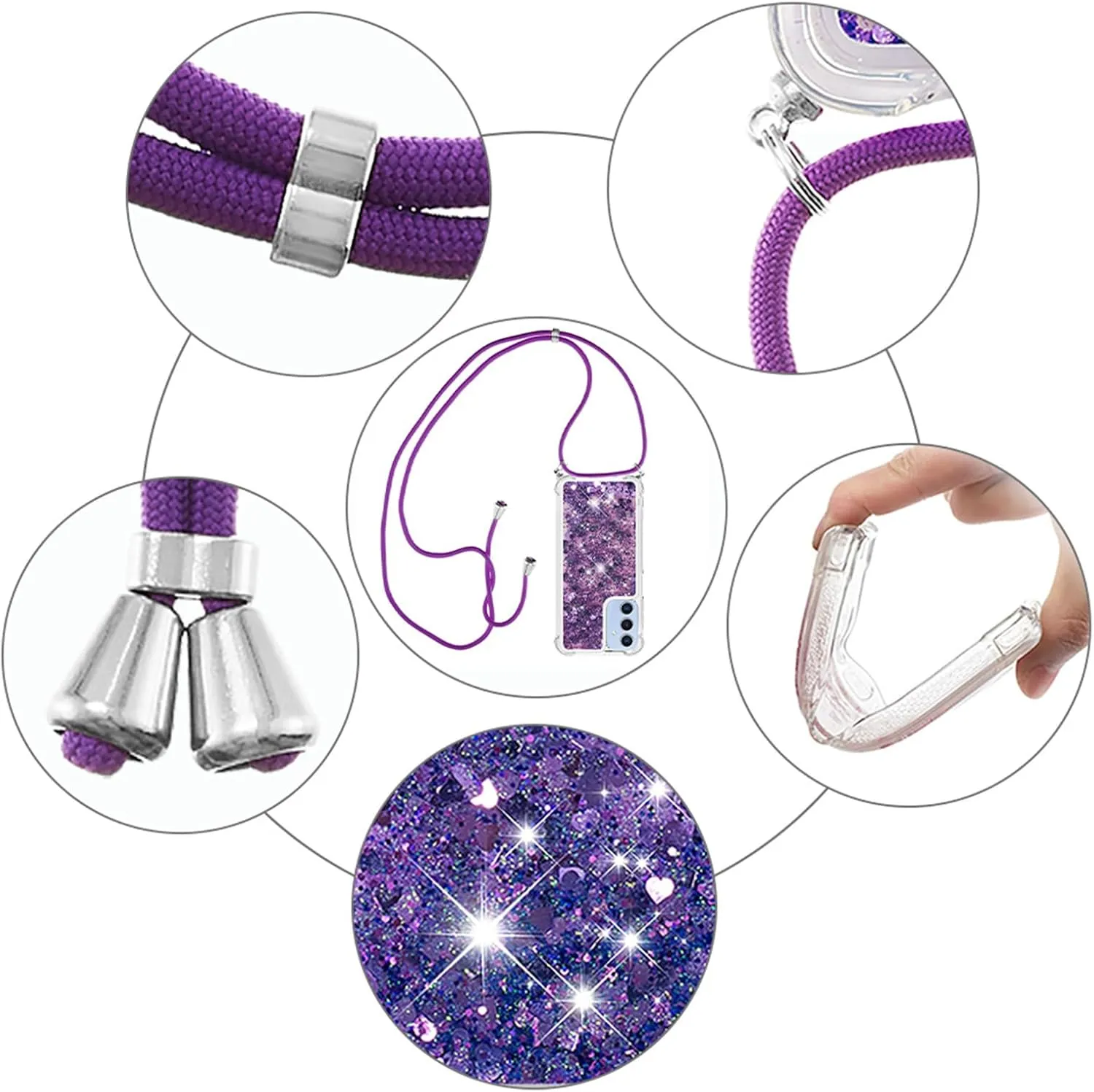 for Samsung Galaxy A16 5G Case Glitter with Crossbody Lanyard Strap for Women, Clear Bling Flowing Liquid Sparkle Quicksand Shockproof Cover Case for Galaxy A16 5G LSS Purple