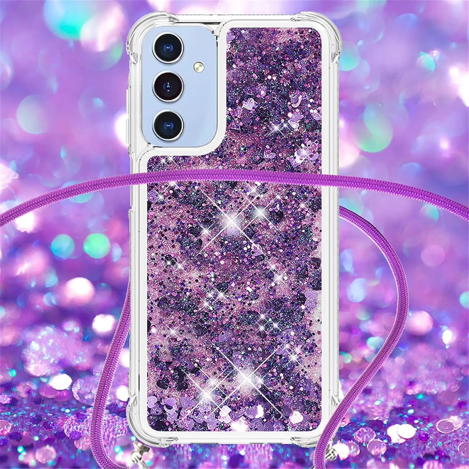 for Samsung Galaxy A16 5G Case Glitter with Crossbody Lanyard Strap for Women, Clear Bling Flowing Liquid Sparkle Quicksand Shockproof Cover Case for Galaxy A16 5G LSS Purple