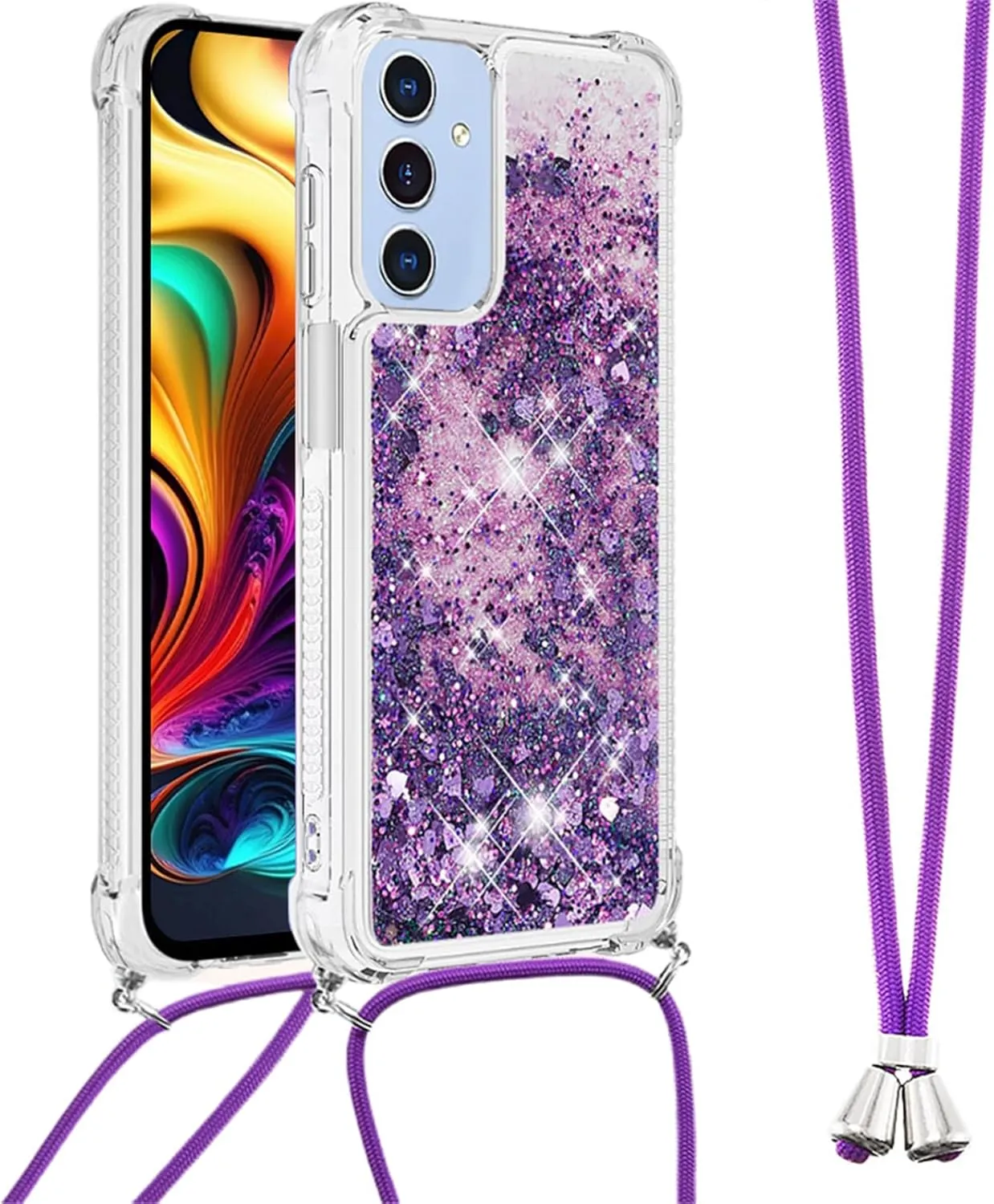 for Samsung Galaxy A16 5G Case Glitter with Crossbody Lanyard Strap for Women, Clear Bling Flowing Liquid Sparkle Quicksand Shockproof Cover Case for Galaxy A16 5G LSS Purple