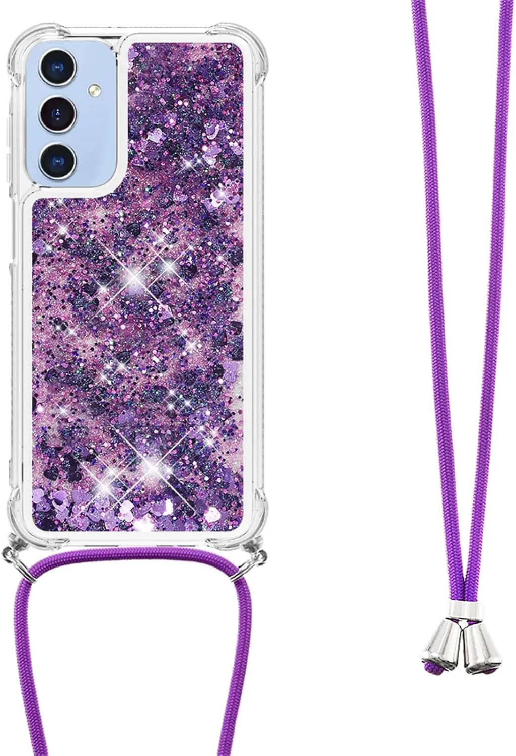for Samsung Galaxy A16 5G Case Glitter with Crossbody Lanyard Strap for Women, Clear Bling Flowing Liquid Sparkle Quicksand Shockproof Cover Case for Galaxy A16 5G LSS Purple