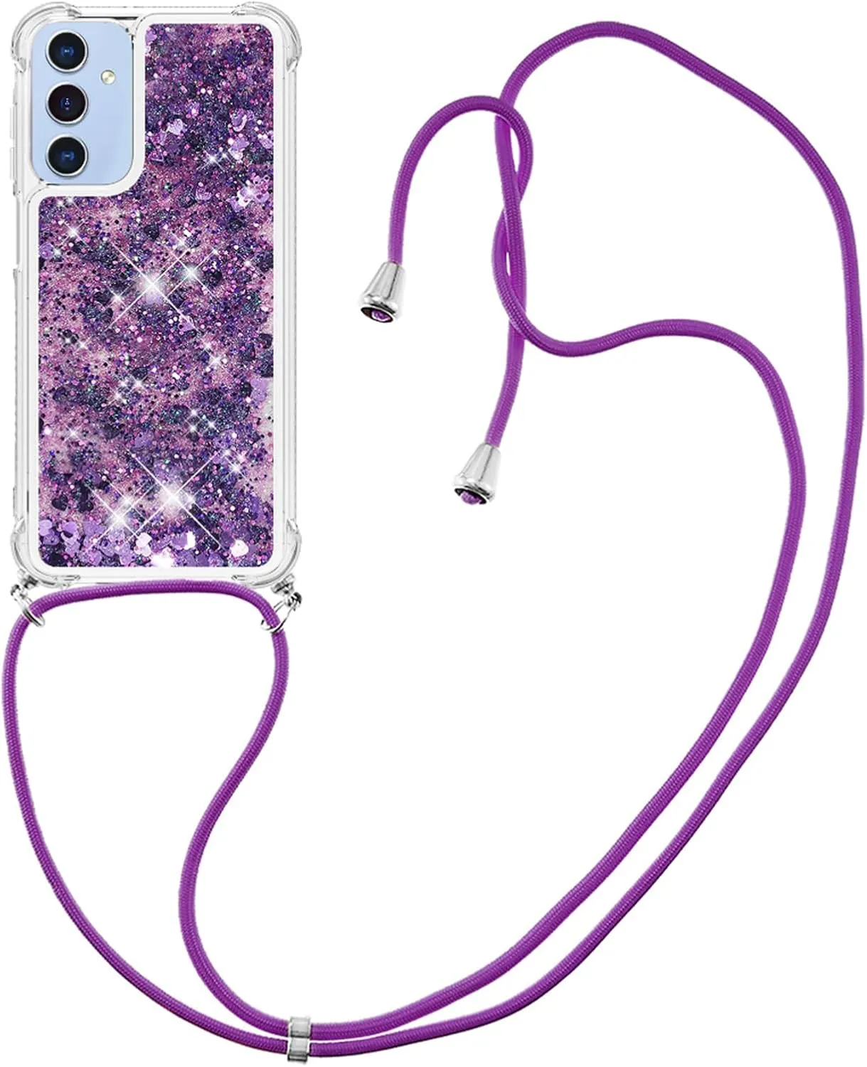 for Samsung Galaxy A16 5G Case Glitter with Crossbody Lanyard Strap for Women, Clear Bling Flowing Liquid Sparkle Quicksand Shockproof Cover Case for Galaxy A16 5G LSS Purple