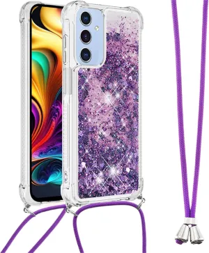 for Samsung Galaxy A16 5G Case Glitter with Crossbody Lanyard Strap for Women, Clear Bling Flowing Liquid Sparkle Quicksand Shockproof Cover Case for Galaxy A16 5G LSS Purple