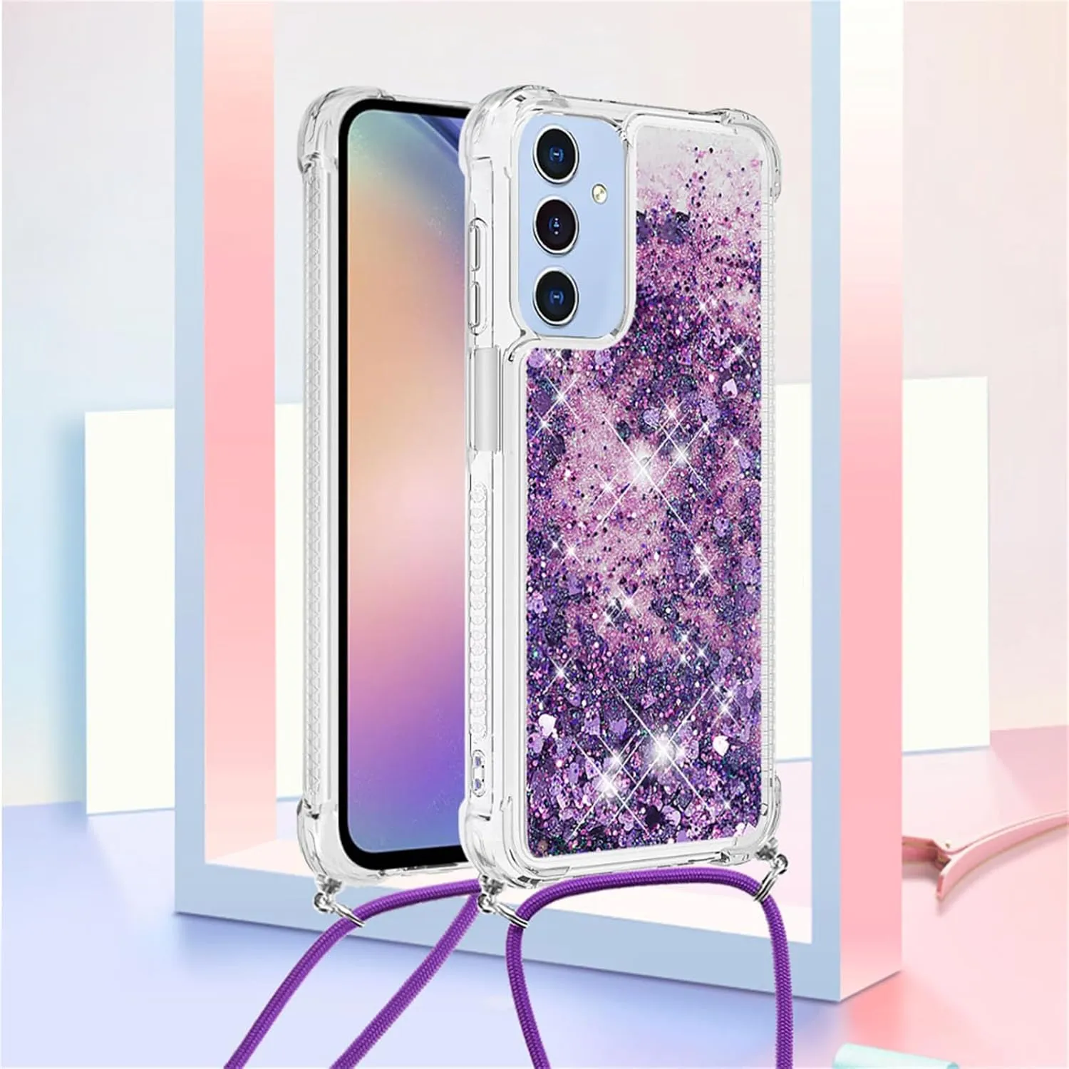 for Samsung Galaxy A16 5G Case Glitter with Crossbody Lanyard Strap for Women, Clear Bling Flowing Liquid Sparkle Quicksand Shockproof Cover Case for Galaxy A16 5G LSS Purple