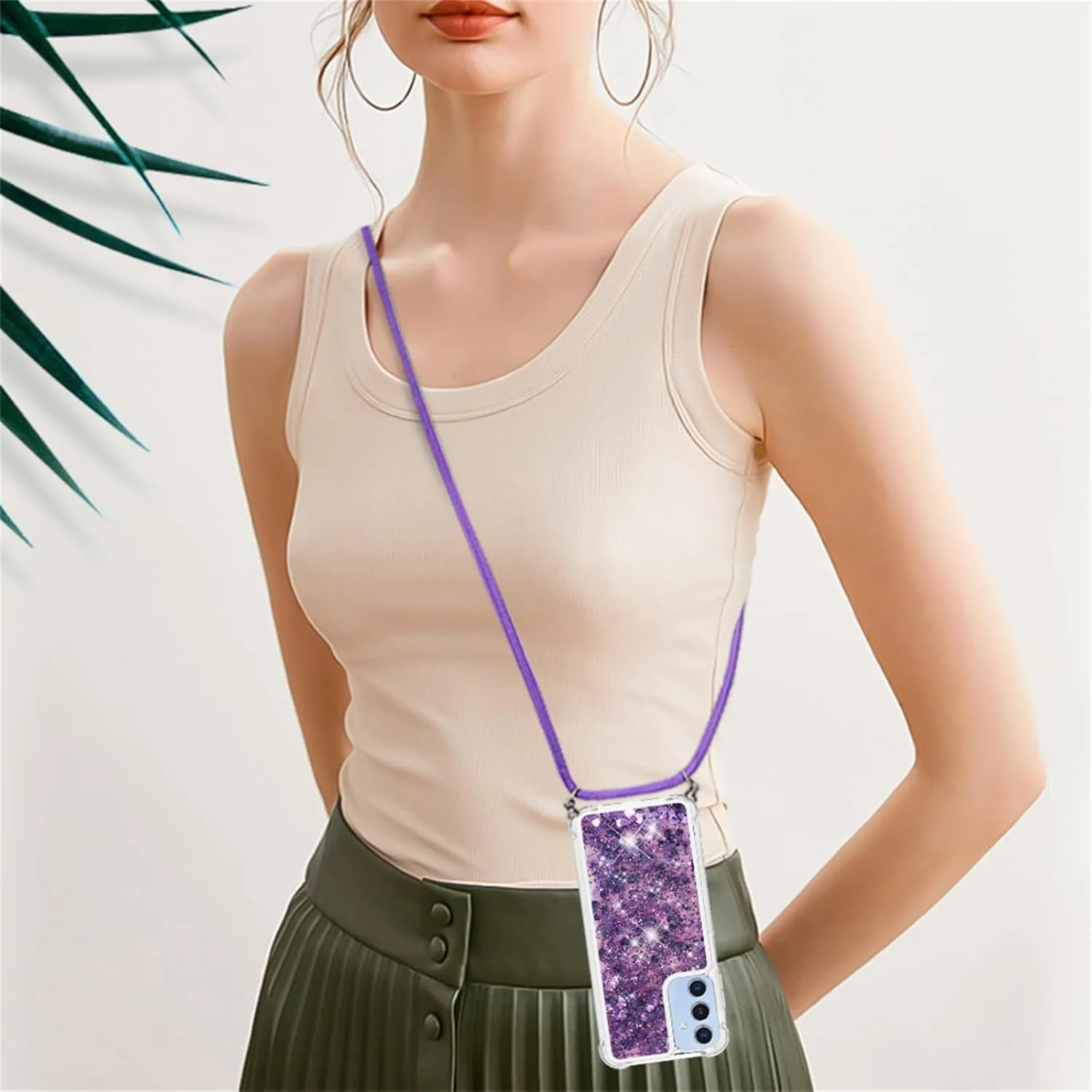 for Samsung Galaxy A16 5G Case Glitter with Crossbody Lanyard Strap for Women, Clear Bling Flowing Liquid Sparkle Quicksand Shockproof Cover Case for Galaxy A16 5G LSS Purple