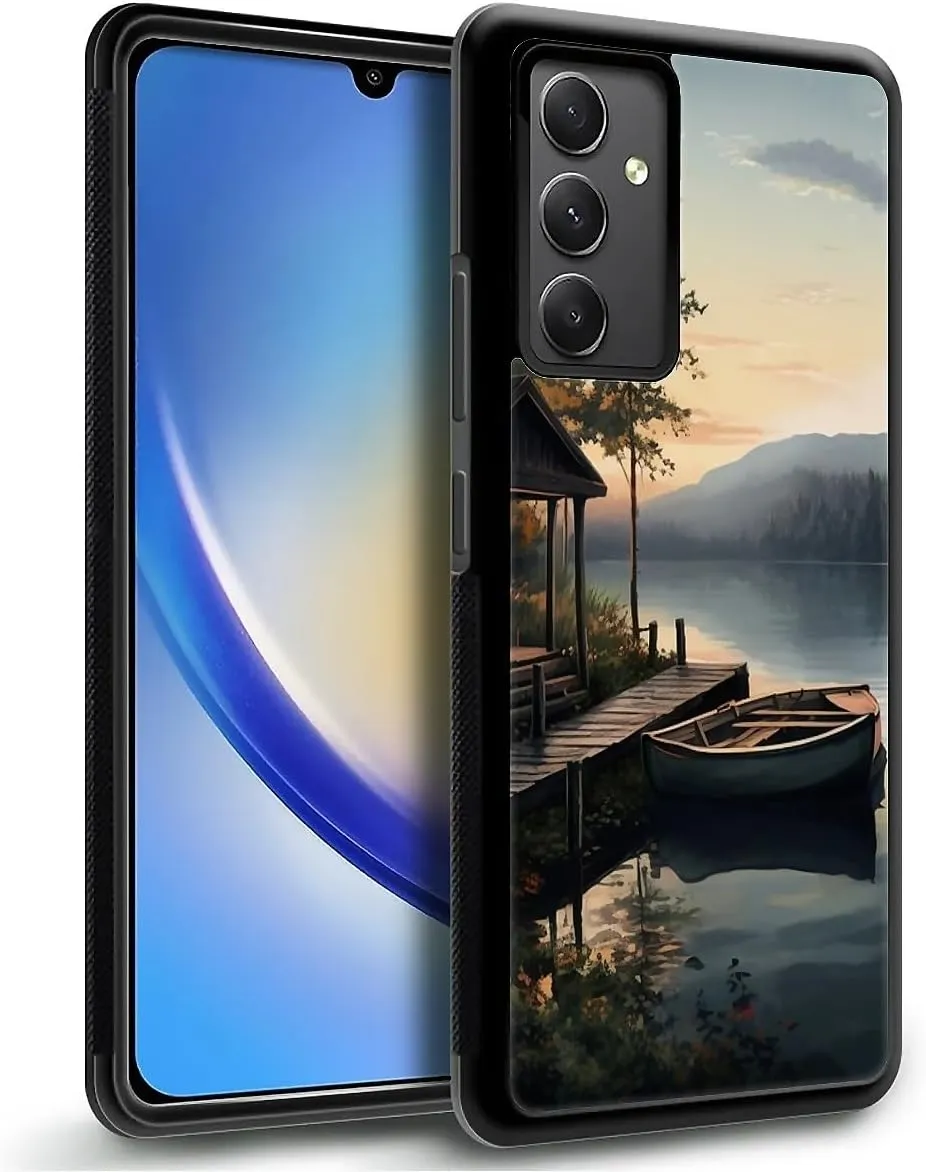 for Samsung Galaxy A54 5G Case, Autumn Lake Boat Camping Pattern Graphic Design Girl Boy Soft Silicone Hard Acrylic Shock Protection for Samsung Galaxy A54 5G