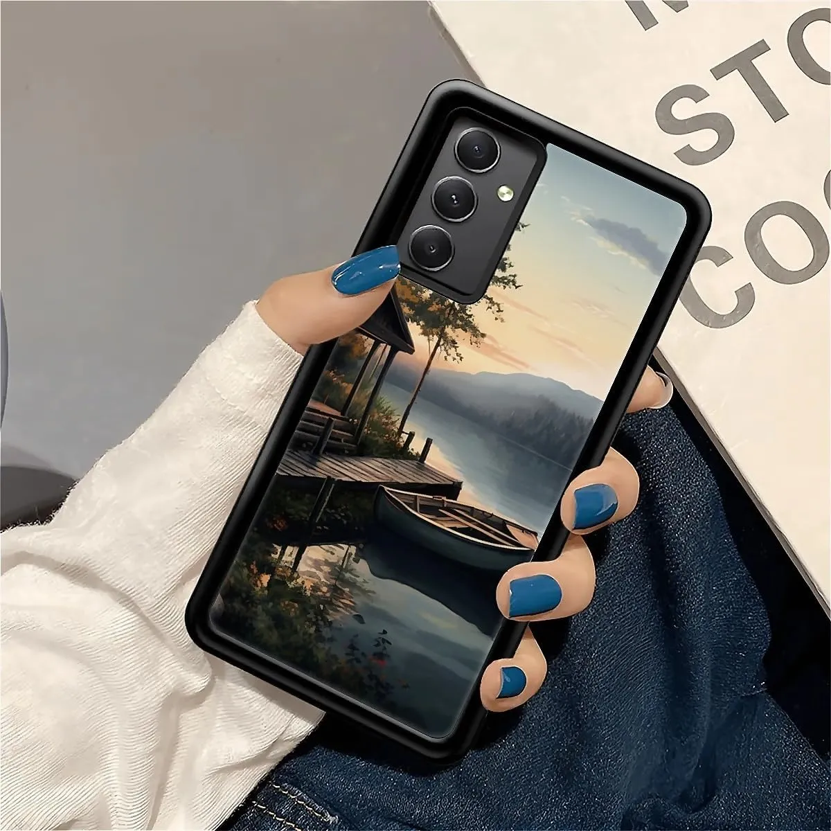 for Samsung Galaxy A54 5G Case, Autumn Lake Boat Camping Pattern Graphic Design Girl Boy Soft Silicone Hard Acrylic Shock Protection for Samsung Galaxy A54 5G