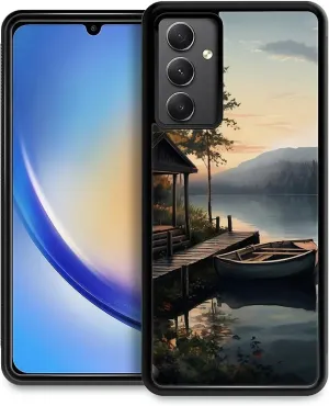 for Samsung Galaxy A54 5G Case, Autumn Lake Boat Camping Pattern Graphic Design Girl Boy Soft Silicone Hard Acrylic Shock Protection for Samsung Galaxy A54 5G