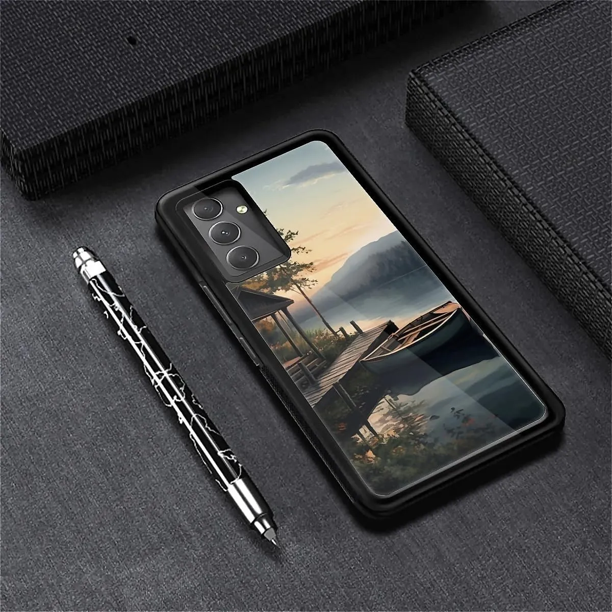 for Samsung Galaxy A54 5G Case, Autumn Lake Boat Camping Pattern Graphic Design Girl Boy Soft Silicone Hard Acrylic Shock Protection for Samsung Galaxy A54 5G