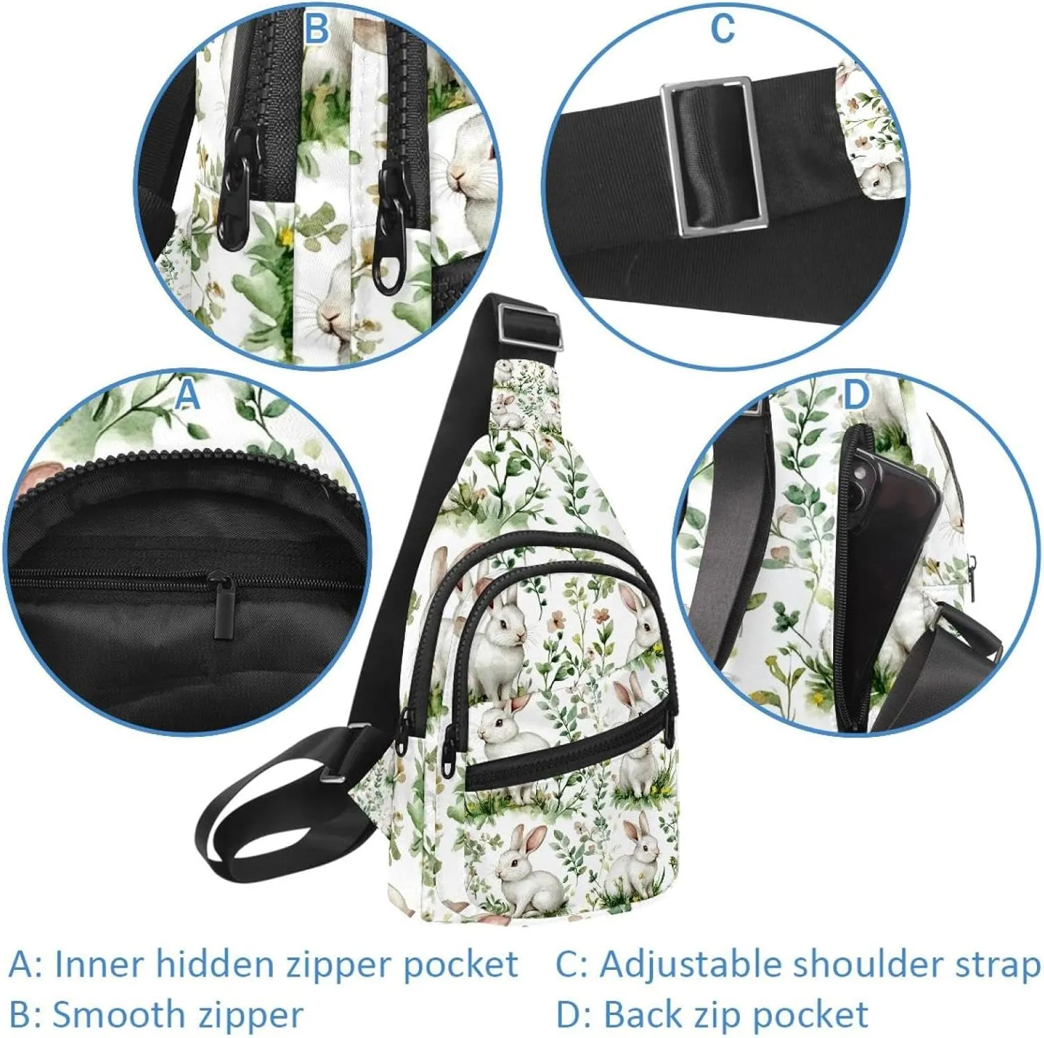 Forest White Rabbits Sling Bag, Crossbody Sling Backpack Travel Hiking Chest Bag Daypack for Purses Shoulder Bag Women Men's