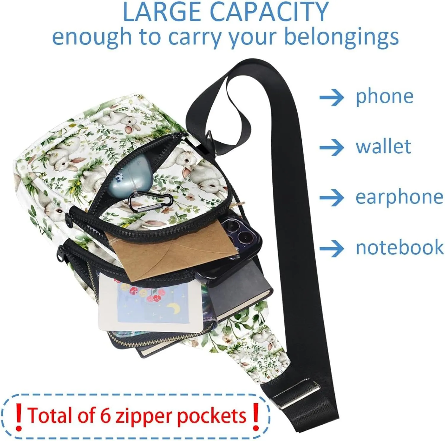 Forest White Rabbits Sling Bag, Crossbody Sling Backpack Travel Hiking Chest Bag Daypack for Purses Shoulder Bag Women Men's