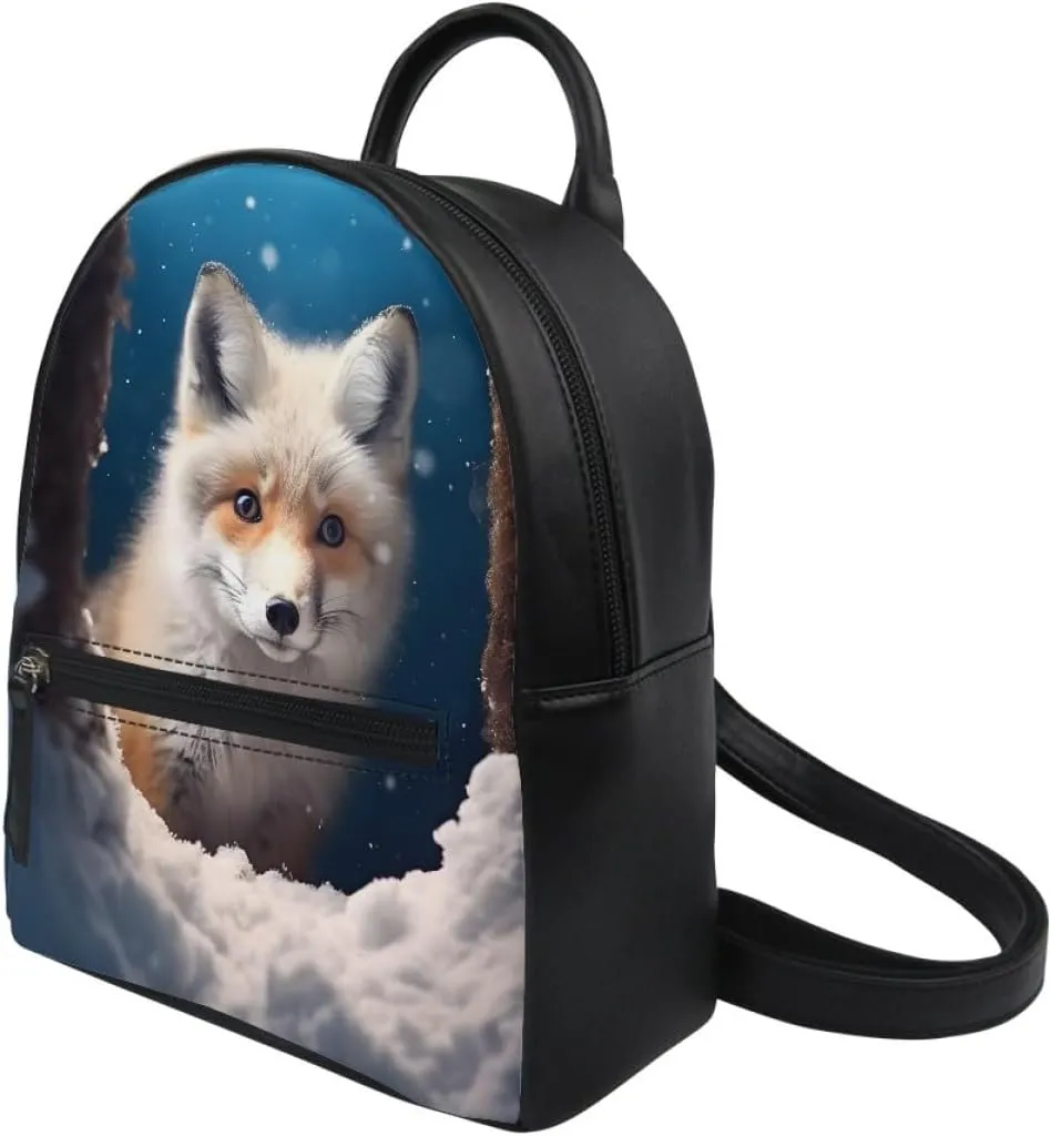 Fox Wolf Backpack for Teenager Boys Mens Lightweight Pu Leather Small Daypack School Bags for Traveling,Cute Ice Fox