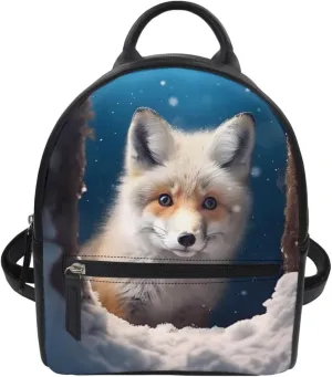 Fox Wolf Backpack for Teenager Boys Mens Lightweight Pu Leather Small Daypack School Bags for Traveling,Cute Ice Fox