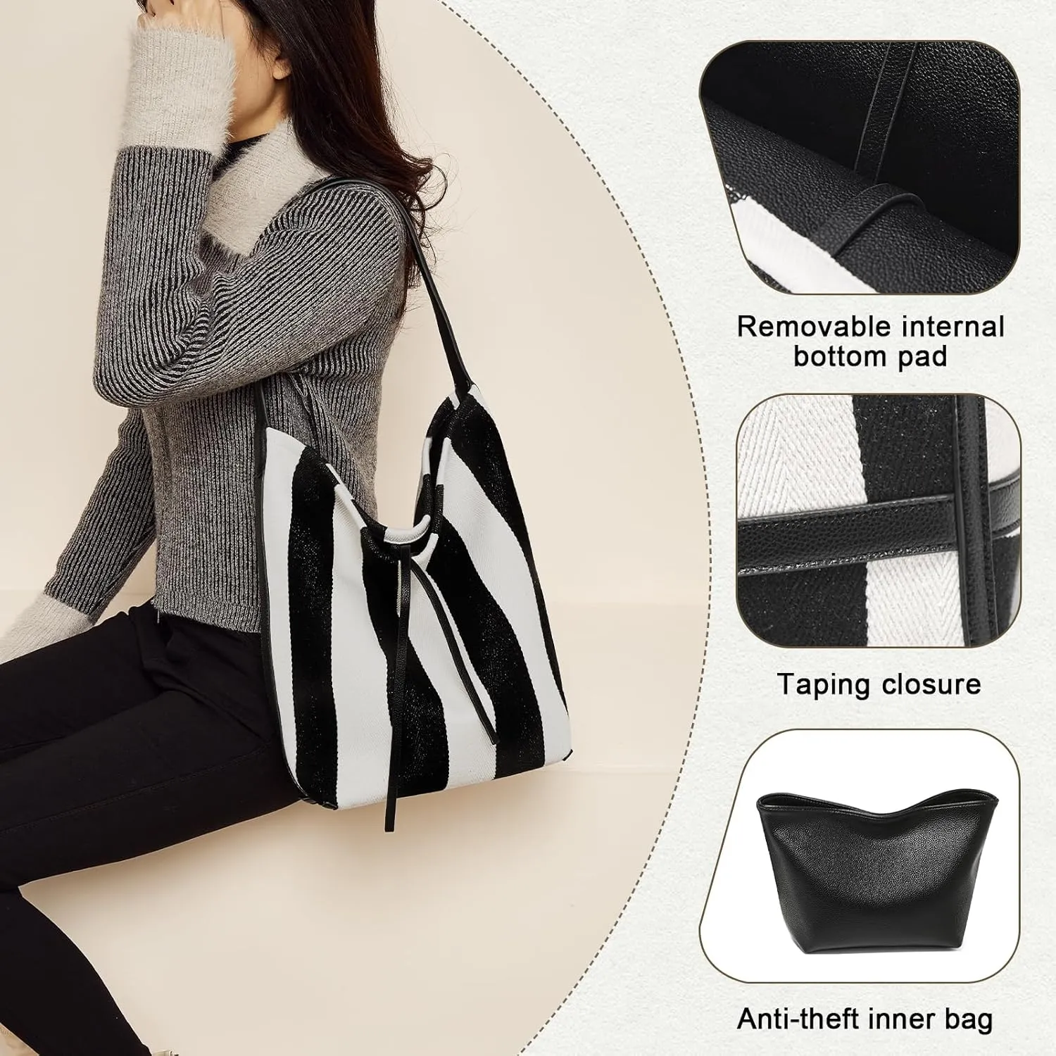 FOXLOVER Fabric Large Bucket Shoulder Bag for Women Hobo Tote Canvas Striped Design with Inner Bag