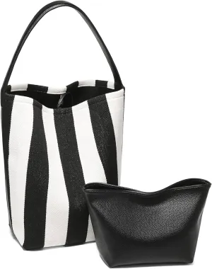 FOXLOVER Fabric Large Bucket Shoulder Bag for Women Hobo Tote Canvas Striped Design with Inner Bag
