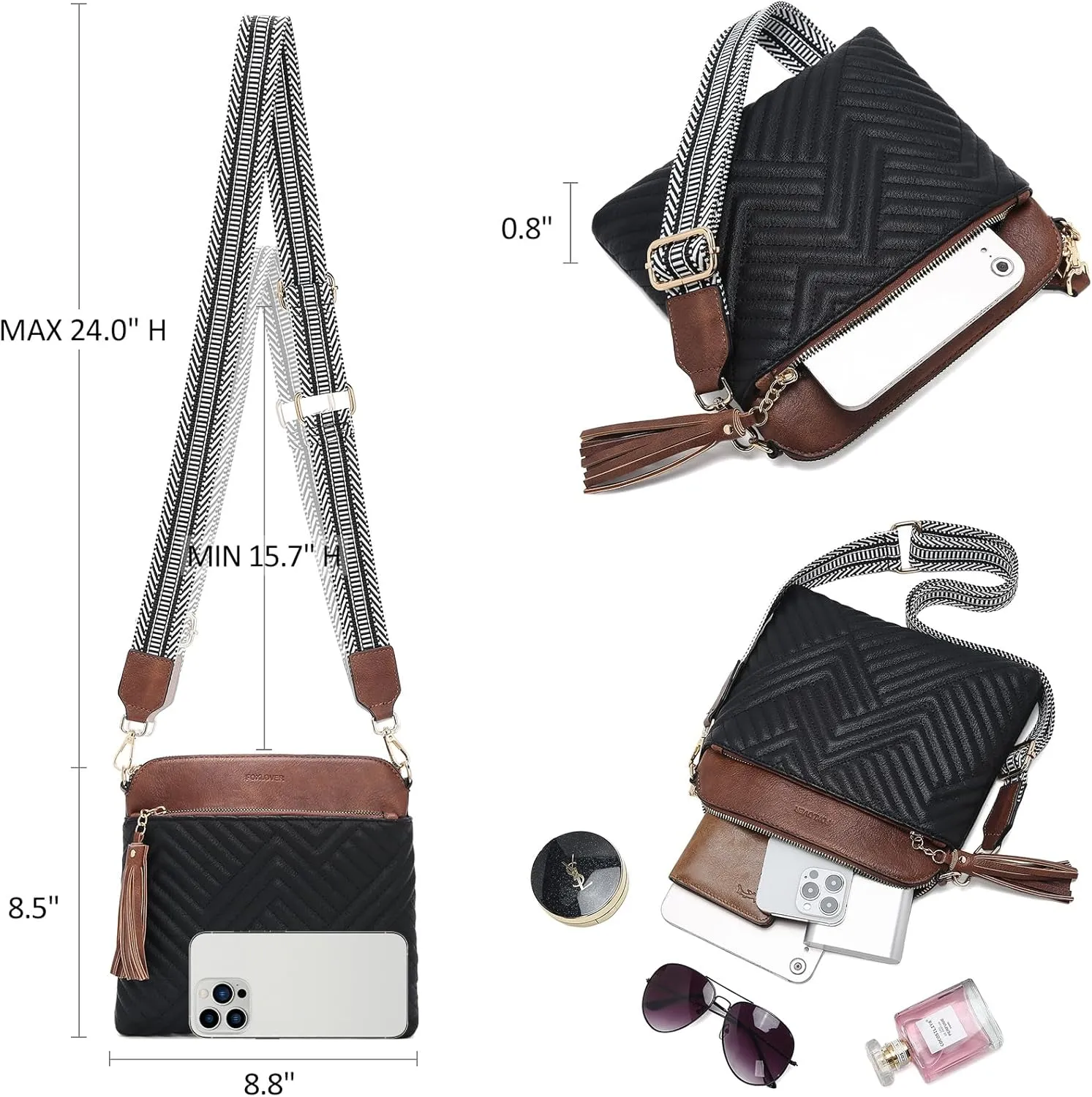 FOXLOVER Quilted Crossbody Bags for Women Soft Leather Purses Lightweight Shoulder Handbags,with Wide Strap