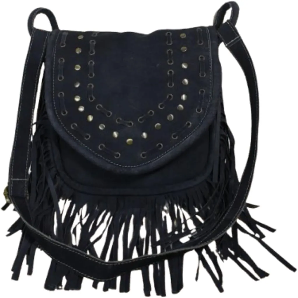Fringe Suede Leather Crossbody Handbag, Black, Studded Flap Design