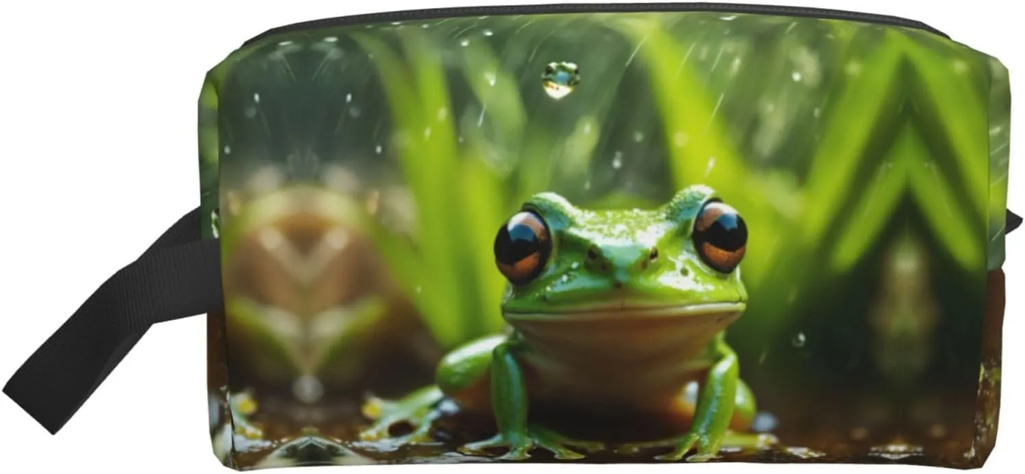 Frog and Rain Print Storage Bags Travel Cosmetic Organizer Bag Large Capacity Zippered Storage Pouch