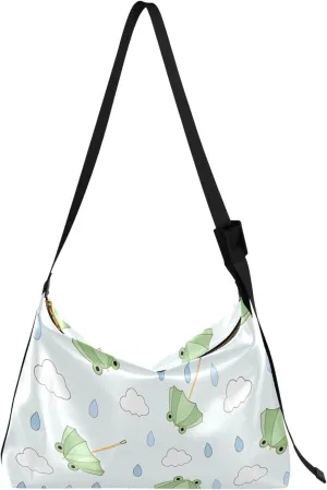 Frog Umbrellas Clouds Raindrops PU Leather Hobo Bags Large Crossbody Bags Animal Print Women Handbags Purse