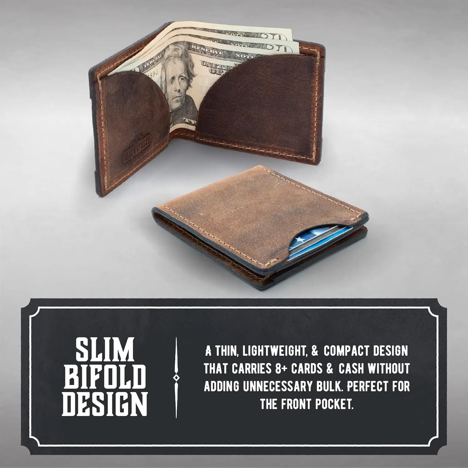 Front Pocket Slim Bifold Wallet for Men | Made in USA | Premium Full Grain Leather Men’s Wallet with Minimalist Design | Bootlegger Brown