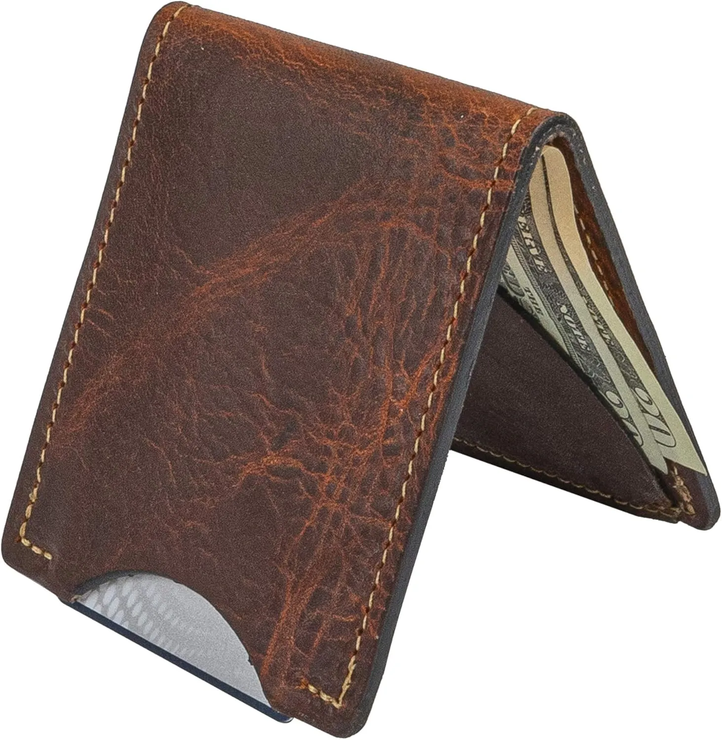 Front Pocket Slim Bifold Wallet for Men | Made in USA | Premium Full Grain Leather Men’s Wallet with Minimalist Design Tobacco Snakebite Brown