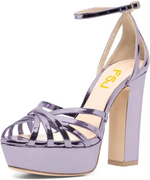 FSJ Women Glossy Peep Toe Platform Sandals Chunky High Heel Ankle Strap Buckle Party Dress Summer Ladies Shoes Size 4-15 US
