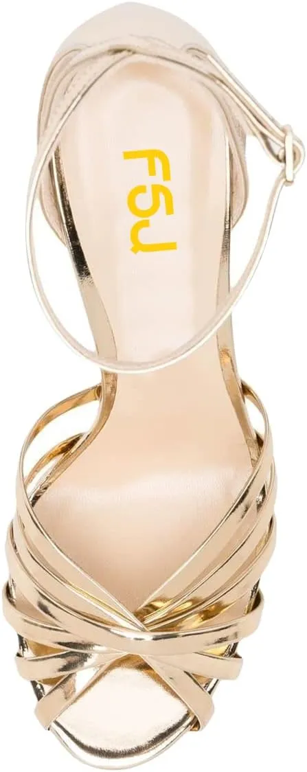 FSJ Women Glossy Peep Toe Platform Sandals Chunky High Heel Ankle Strap Buckle Party Dress Summer Ladies Shoes Size 4-15 US