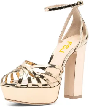 FSJ Women Glossy Peep Toe Platform Sandals Chunky High Heel Ankle Strap Buckle Party Dress Summer Ladies Shoes Size 4-15 US