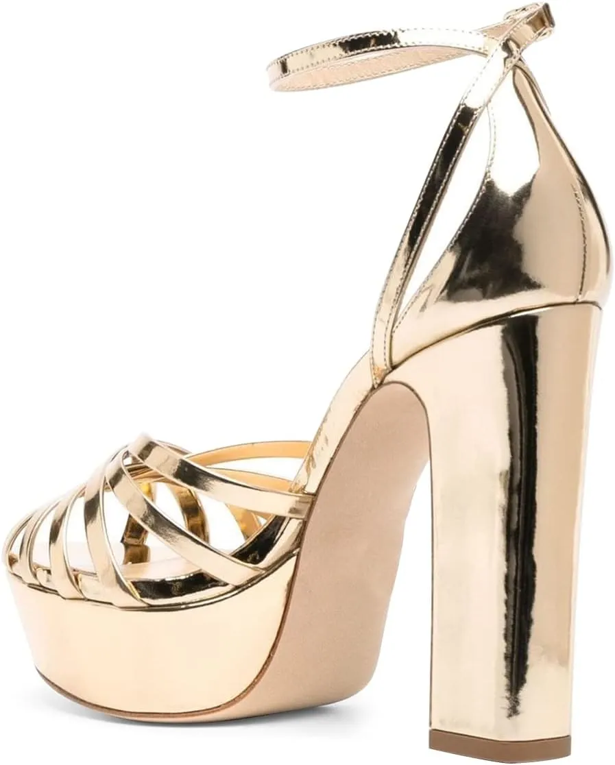 FSJ Women Glossy Peep Toe Platform Sandals Chunky High Heel Ankle Strap Buckle Party Dress Summer Ladies Shoes Size 4-15 US