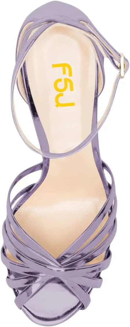 FSJ Women Glossy Peep Toe Platform Sandals Chunky High Heel Ankle Strap Buckle Party Dress Summer Ladies Shoes Size 4-15 US