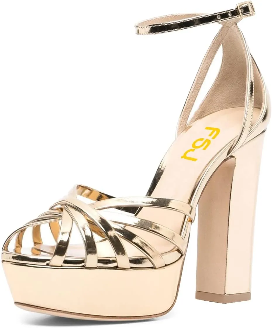 FSJ Women Glossy Peep Toe Platform Sandals Chunky High Heel Ankle Strap Buckle Party Dress Summer Ladies Shoes Size 4-15 US