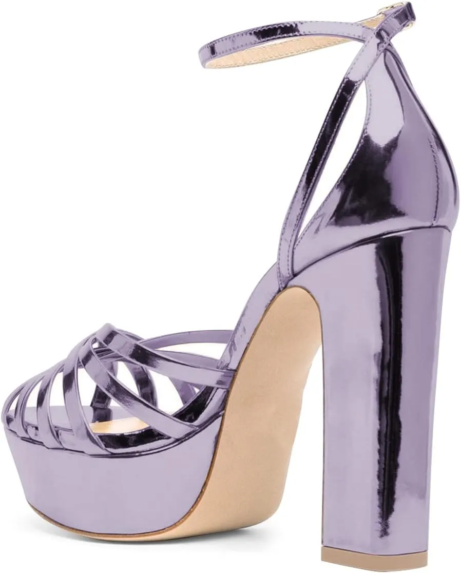 FSJ Women Glossy Peep Toe Platform Sandals Chunky High Heel Ankle Strap Buckle Party Dress Summer Ladies Shoes Size 4-15 US