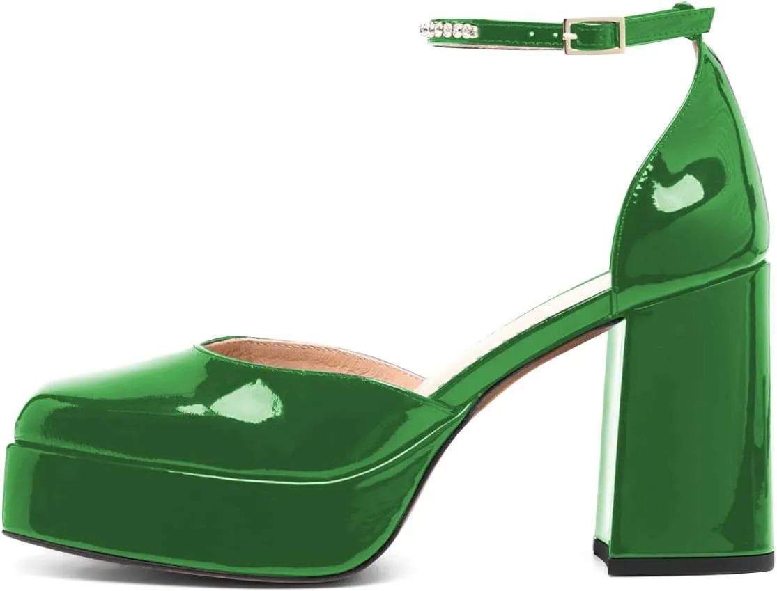 FSJ Women Glossy Square Toe Platform Pumps Block Chunky High Heel Ankle Strap Buckle Party Evening Dress Shoes Size 4-15 US