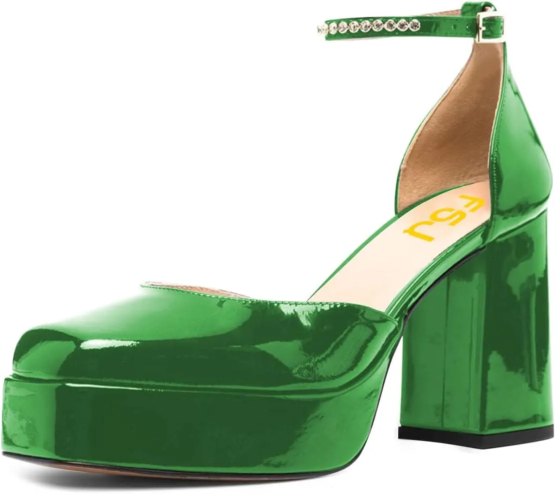 FSJ Women Glossy Square Toe Platform Pumps Block Chunky High Heel Ankle Strap Buckle Party Evening Dress Shoes Size 4-15 US