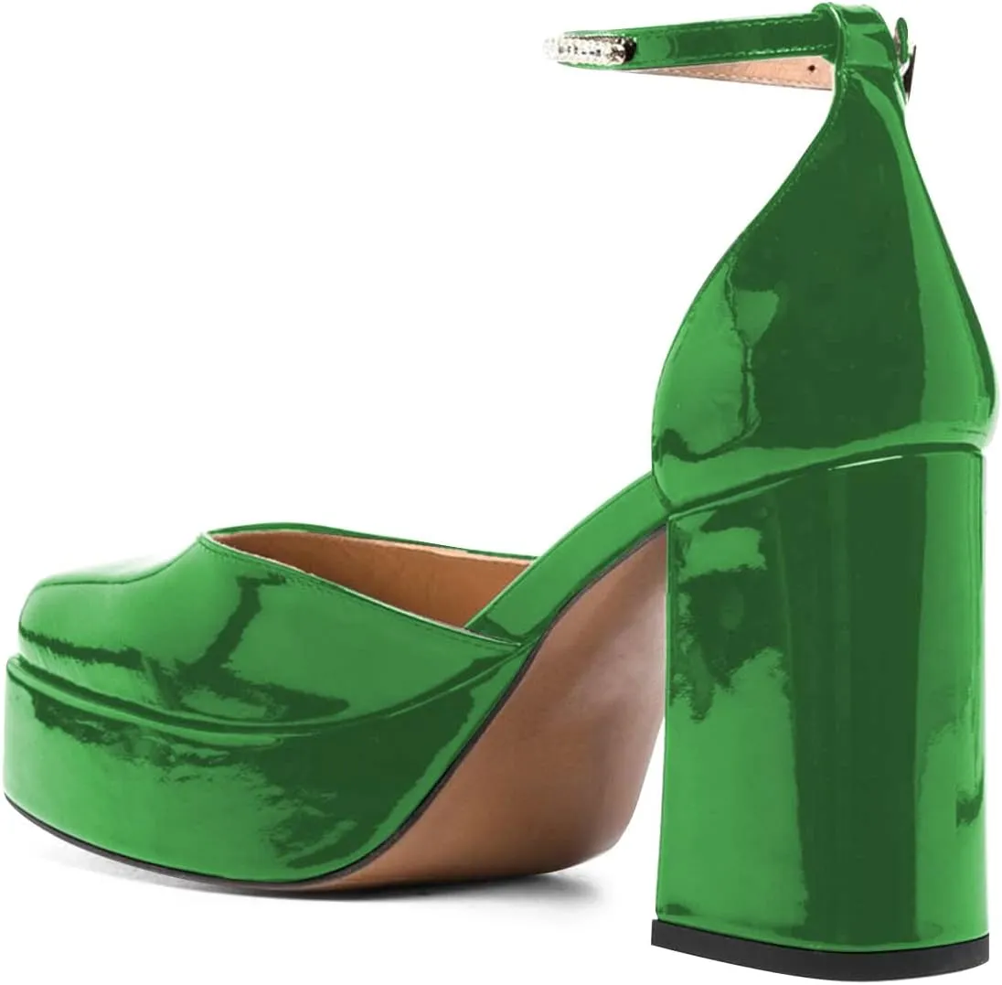 FSJ Women Glossy Square Toe Platform Pumps Block Chunky High Heel Ankle Strap Buckle Party Evening Dress Shoes Size 4-15 US