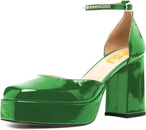 FSJ Women Glossy Square Toe Platform Pumps Block Chunky High Heel Ankle Strap Buckle Party Evening Dress Shoes Size 4-15 US