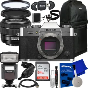 FUJIFILM X-T30 II Mirrorless Camera with XC 15-45mm OIS PZ Lens (Silver)   SanDisk 64GB Ultra SDXC Memory Card, Sling Backpack, Variable Neutral Density Filter (ND2-ND400) & More (23pc Bundle)