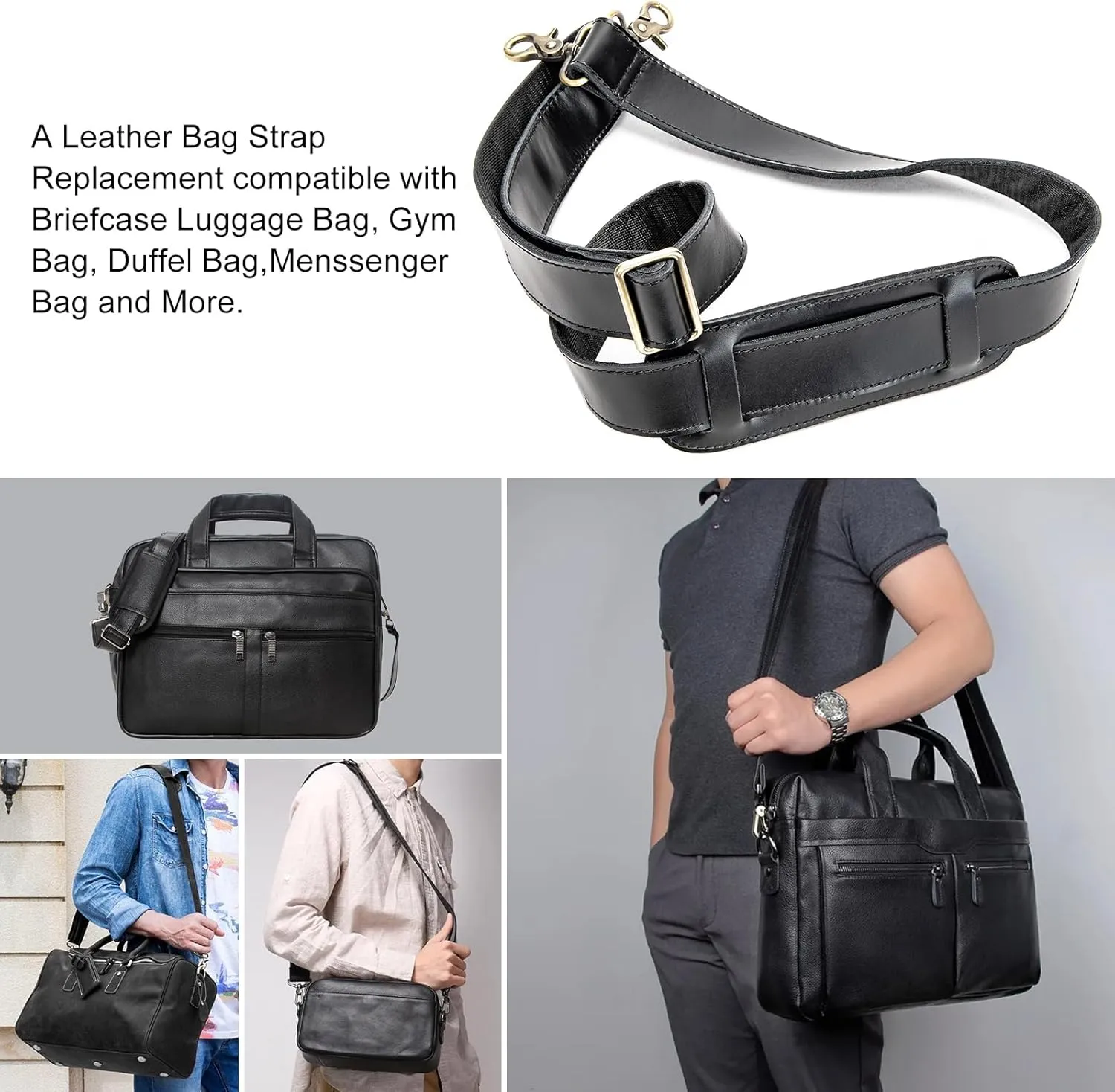 Full Grain Leather Bag Strap Replacement - Adjustable Shoulder Strap for Messenger Briefcase Duffle Crossbody Bags