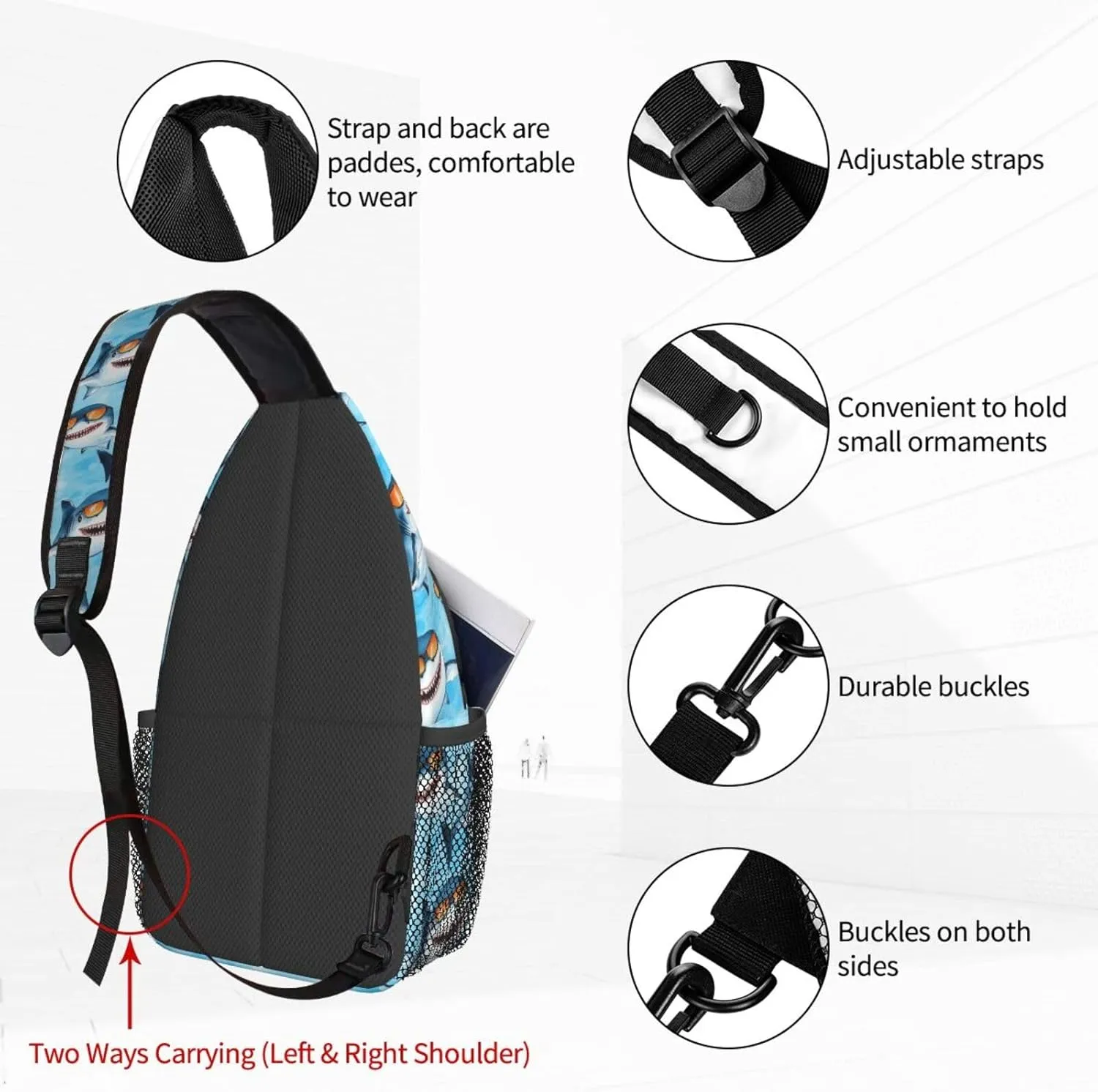 Funny Cartoon Shark Sky Blue Sling Bag For Women Crossbody Shoulder Bag Casual Daypack Backpacks Men Chest Bag Gym Cycling Travel Hiking