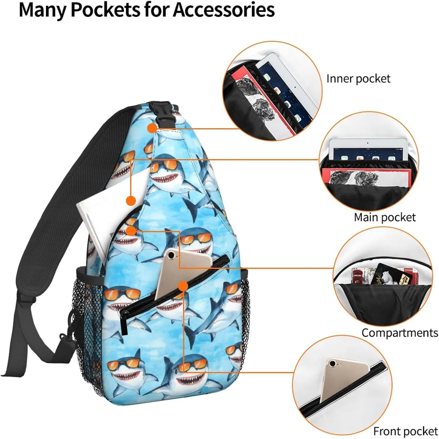 Funny Cartoon Shark Sky Blue Sling Bag For Women Crossbody Shoulder Bag Casual Daypack Backpacks Men Chest Bag Gym Cycling Travel Hiking