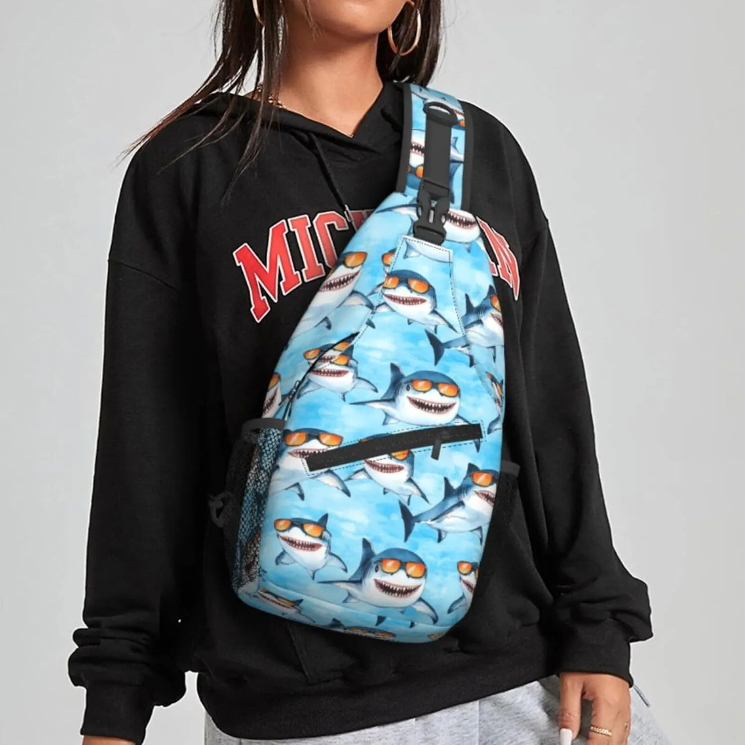 Funny Cartoon Shark Sky Blue Sling Bag For Women Crossbody Shoulder Bag Casual Daypack Backpacks Men Chest Bag Gym Cycling Travel Hiking
