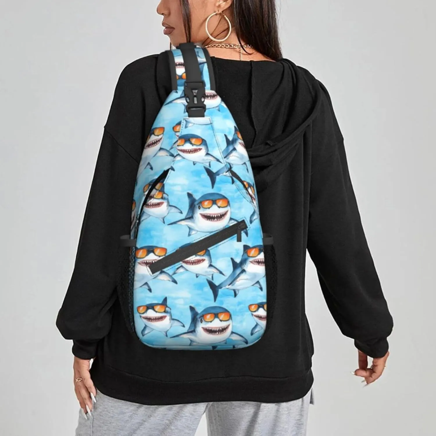Funny Cartoon Shark Sky Blue Sling Bag For Women Crossbody Shoulder Bag Casual Daypack Backpacks Men Chest Bag Gym Cycling Travel Hiking