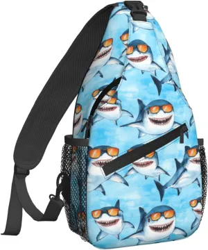 Funny Cartoon Shark Sky Blue Sling Bag For Women Crossbody Shoulder Bag Casual Daypack Backpacks Men Chest Bag Gym Cycling Travel Hiking
